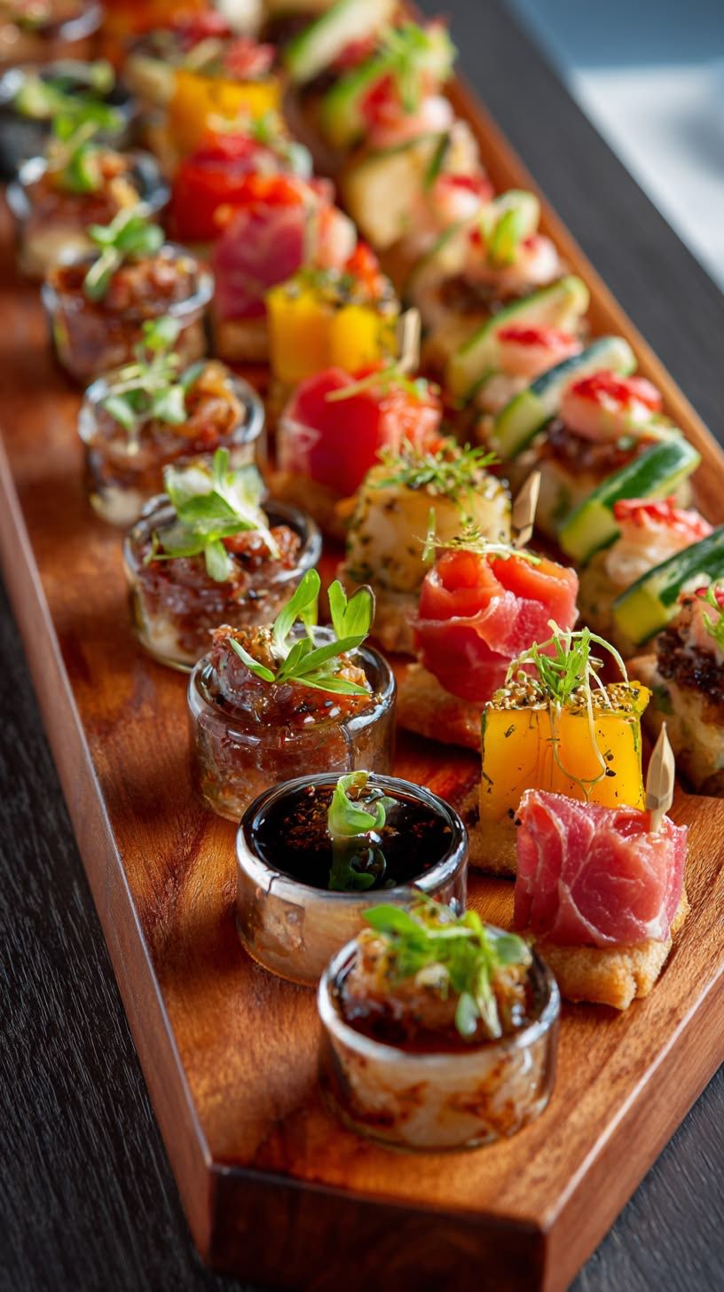 A board of gourmet Italian canapés with fresh herbs and dips